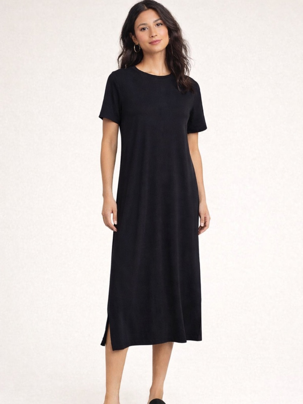 Eileen Fisher Black Jersey Midi T-Shirt Dress Petite Small Minimalist Capsule